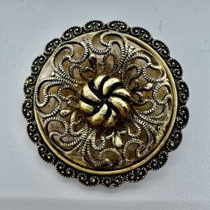 Vintage Scarf Clip West Germany Gold Tone Cream Enamel 1.75 Inch Diameter Clip